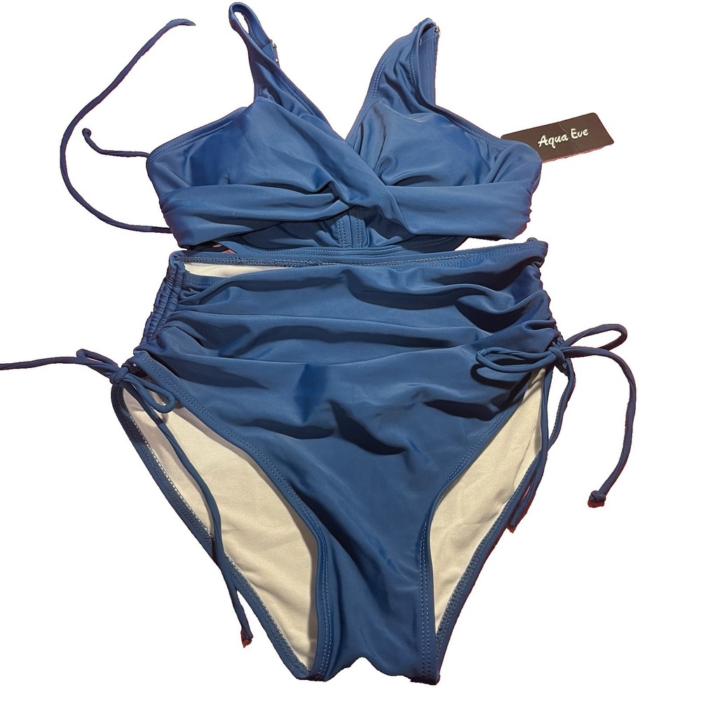 Aqua Eve Bikini Swimsuit Womens Blue Ruched High Waist Twist Front XS